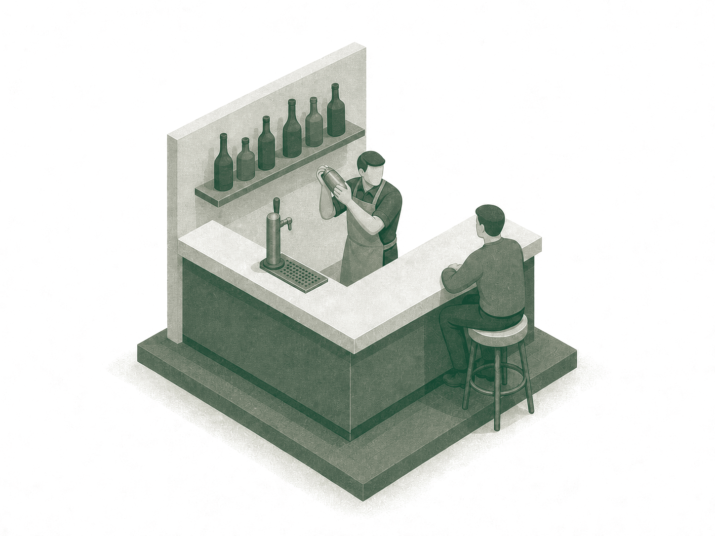 Bartender shaking a cocktail for a guest seated at a small corner bar
