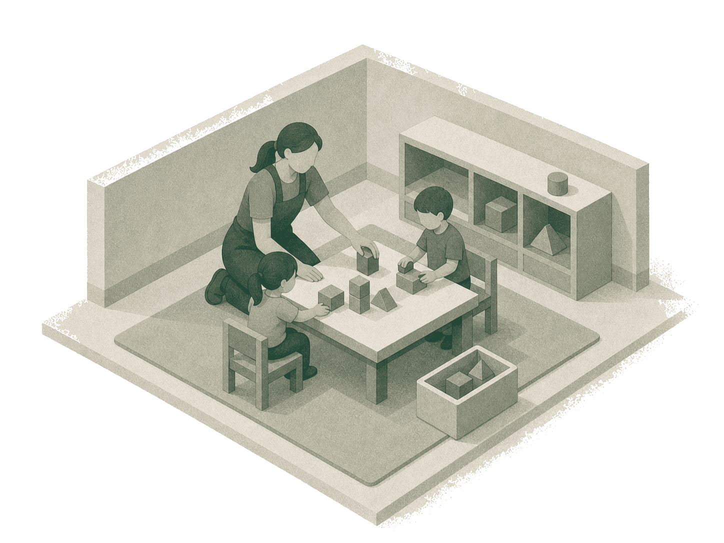 Day care provider playing with two children stacking blocks at a low table