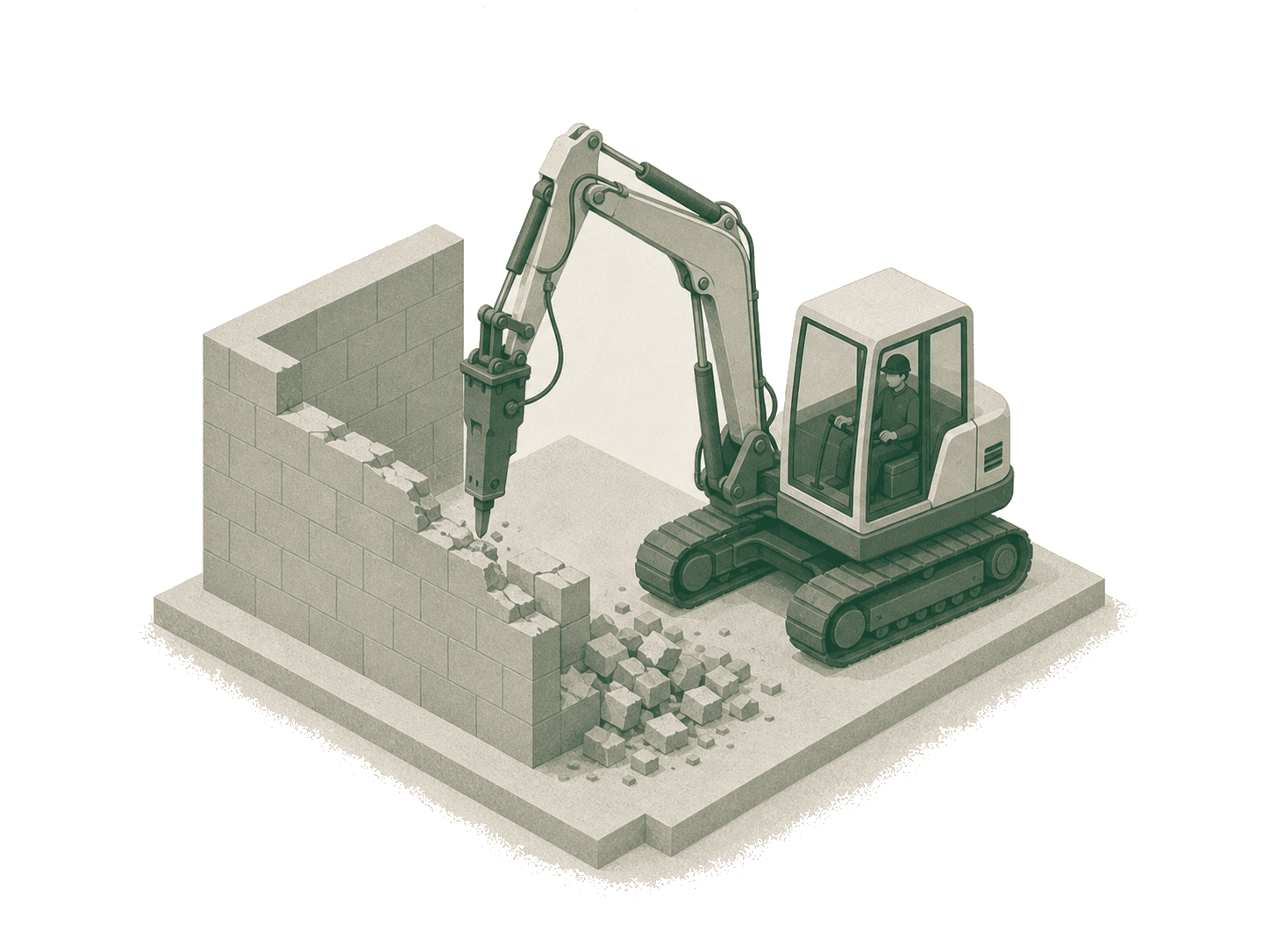 Mini excavator with a hydraulic breaker taking down a block wall