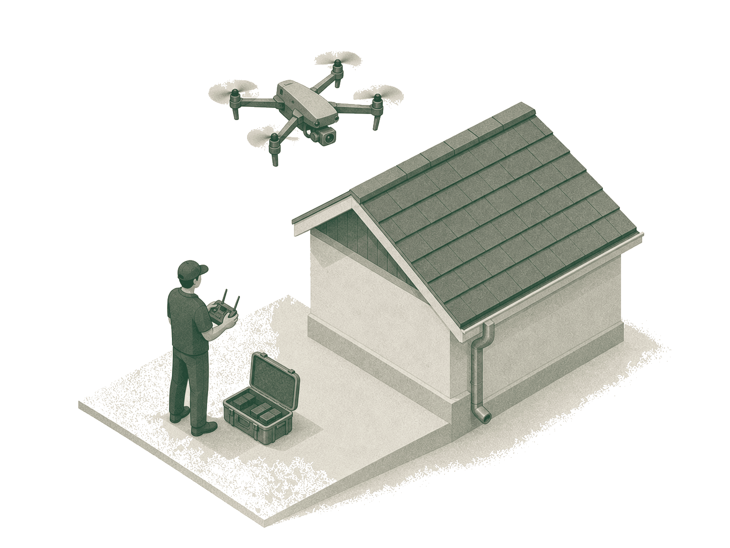 Drone pilot flying a quadcopter over a house roof for an inspection