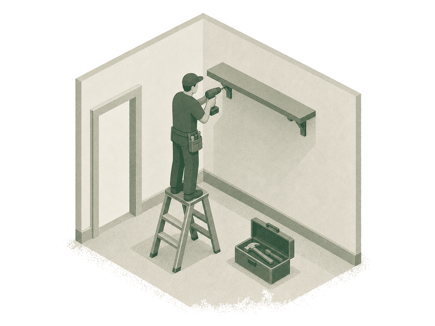 Handyman on a step ladder drilling a wall shelf into place, toolbox open below
