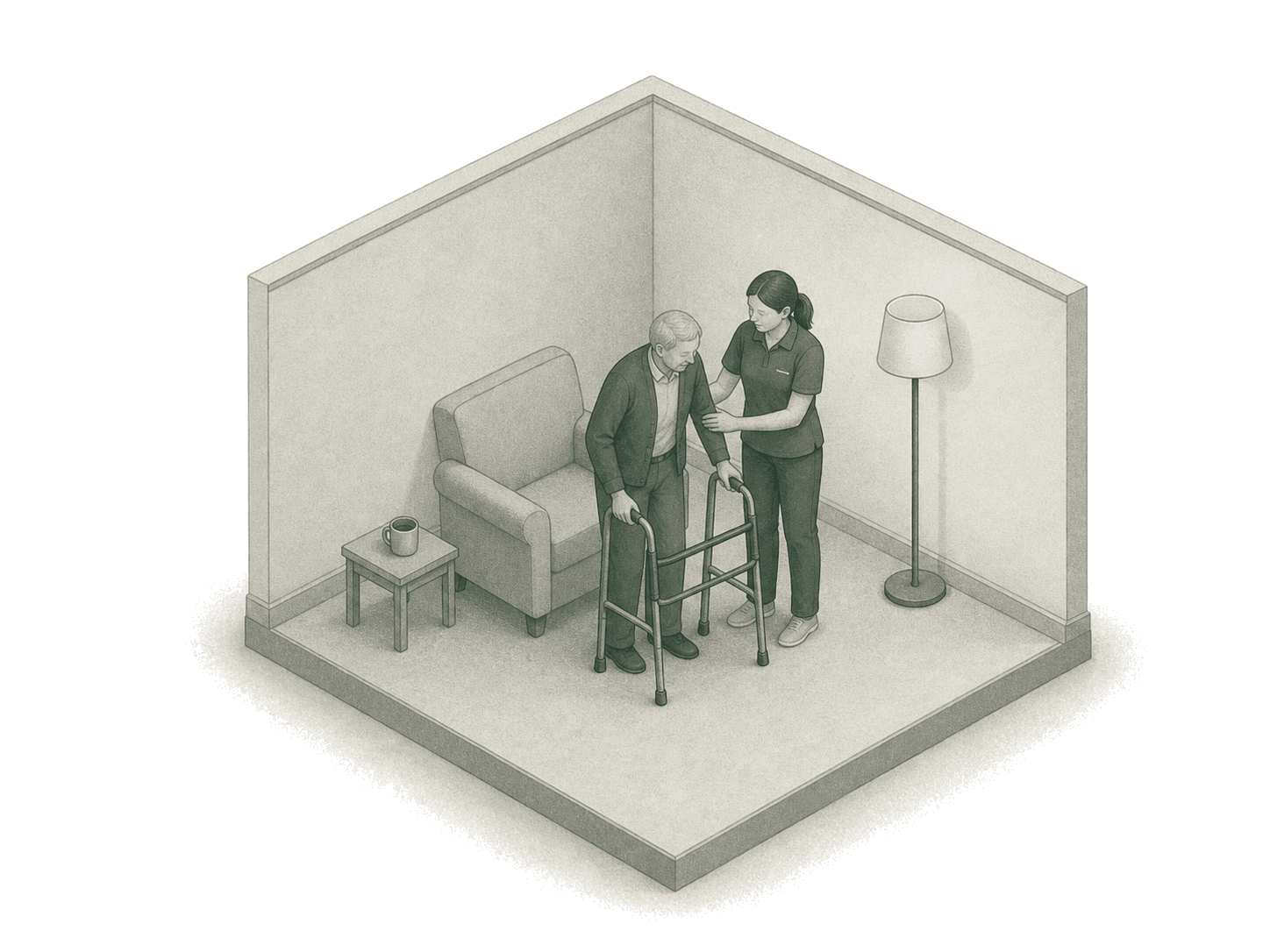 Caregiver helping an elderly client walk with a walker in his living room
