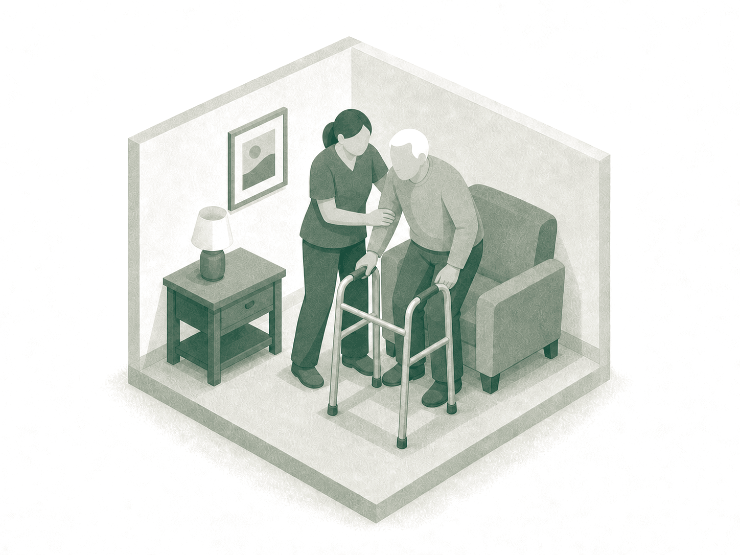 Caregiver helping an elderly client walk with a walker in his living room