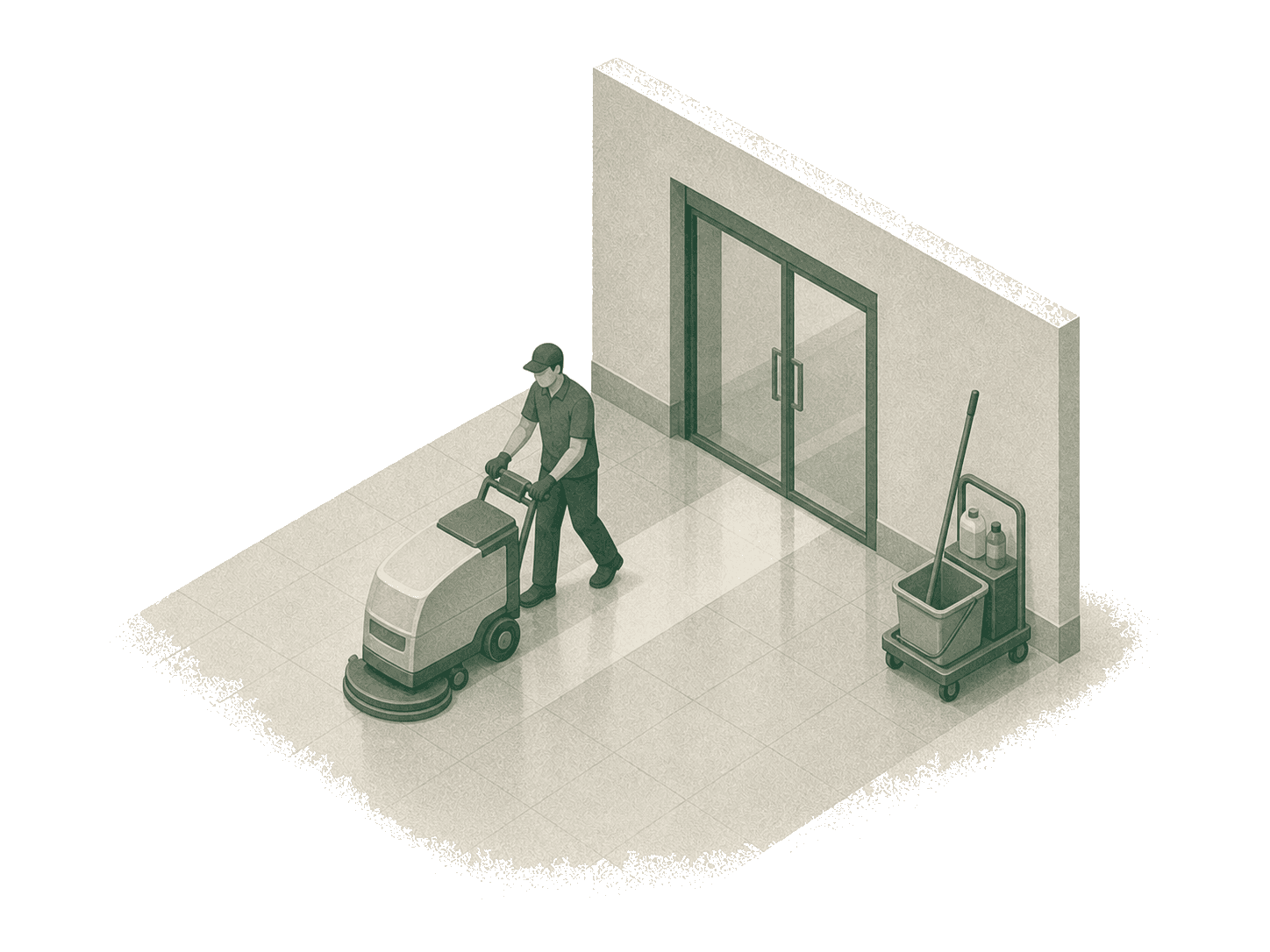 Janitor guiding a floor scrubber across a polished lobby beside a mop cart