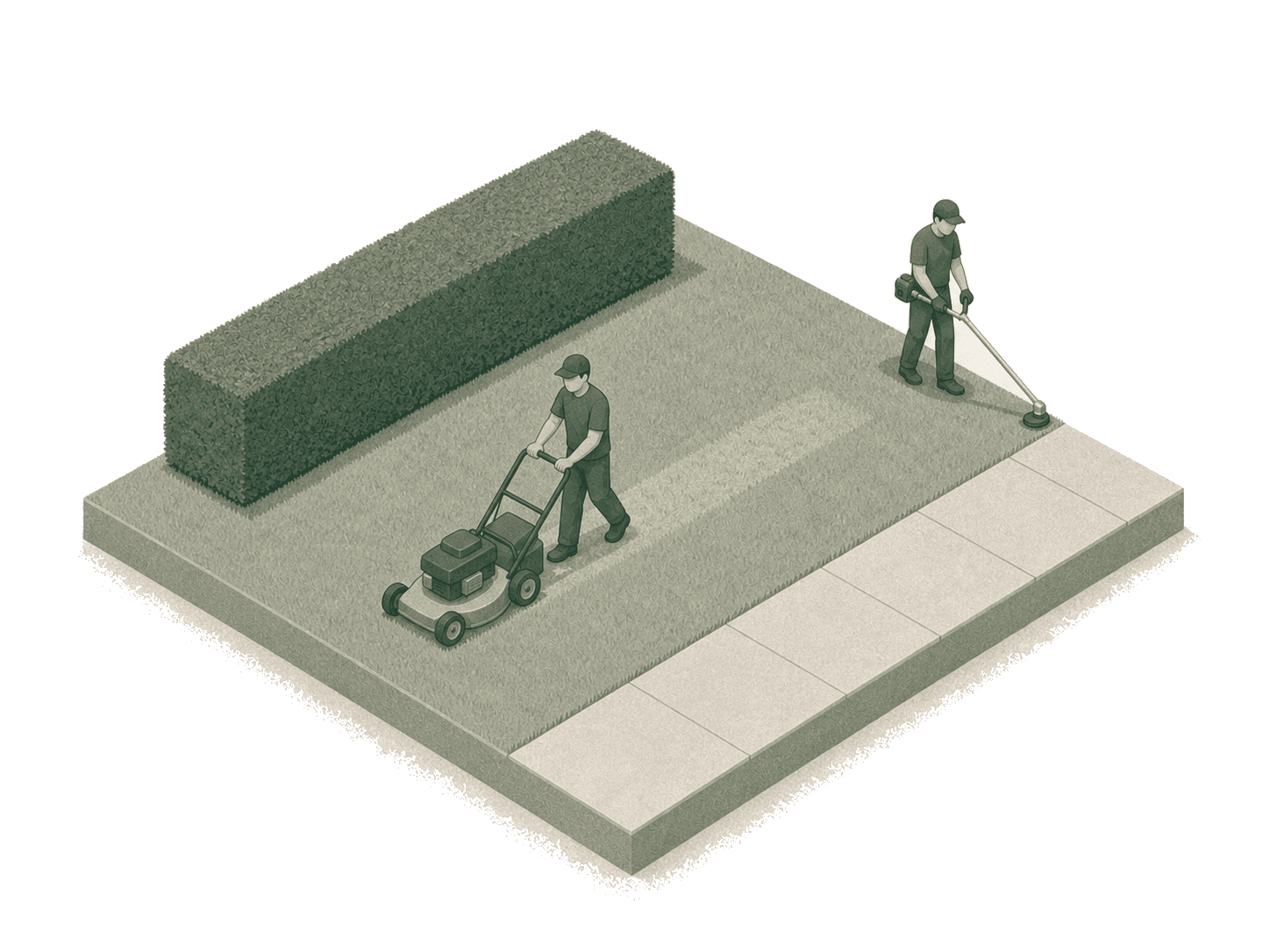 Lawn care crew mowing and trimming a striped lawn beside their landscape trailer