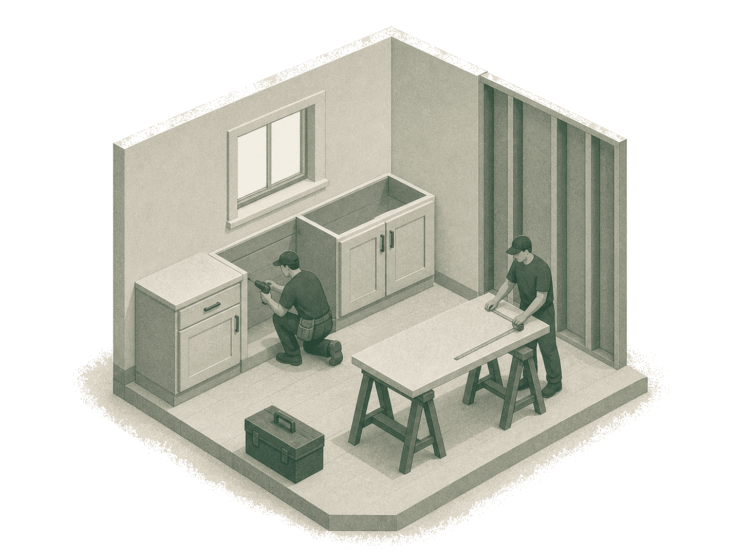Two remodelers installing kitchen cabinets, one measuring at a sawhorse work table