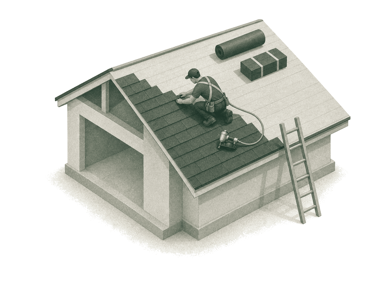 Roofer in a safety harness installing shingles on a house