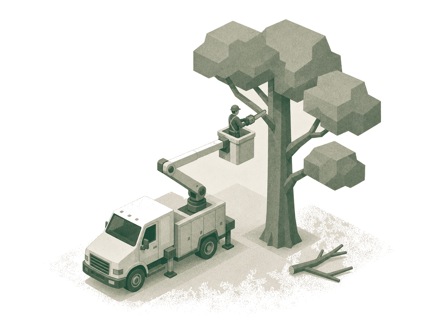 Tree service crew trimming a tree from a bucket truck with a chipper in tow