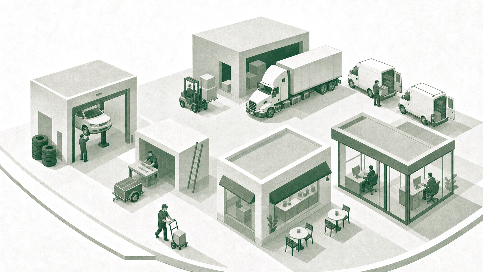 The businesses Casey insures — trucking, auto shops, contractors, restaurants